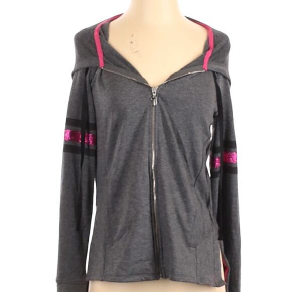 Juicy Couture Graphic Gray & Pink Glitter Athleisure Zip Up Hoodie Y2k Vibes - Picture 2 of 11